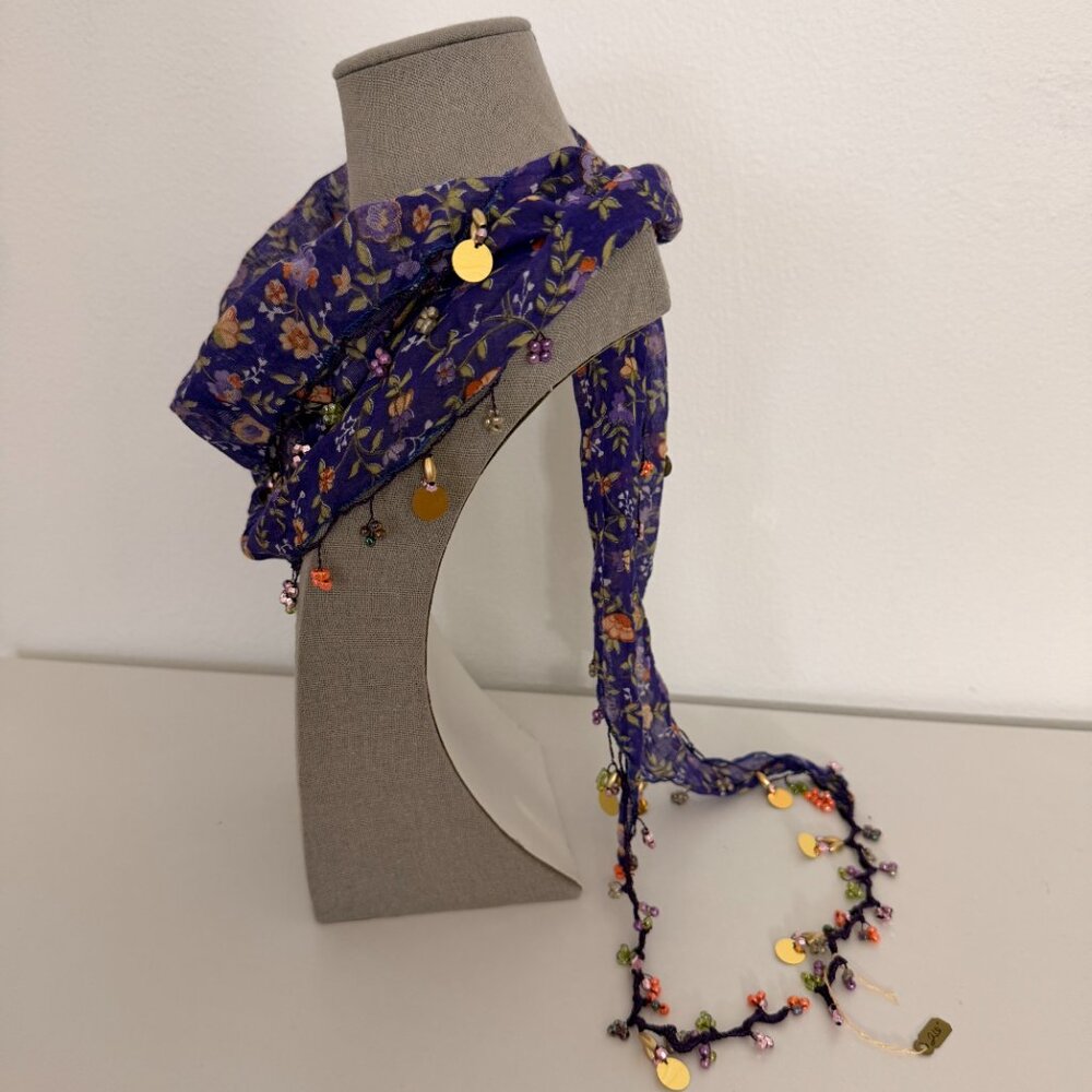 Traditional Turkish Oya Neck Violet  Scarf Bead & Needle Lace on Lawn Cotton - Picture 11 of 16